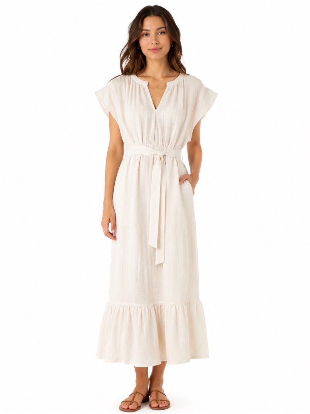 Light Cream Maxi Dress with Self-Tie Waist